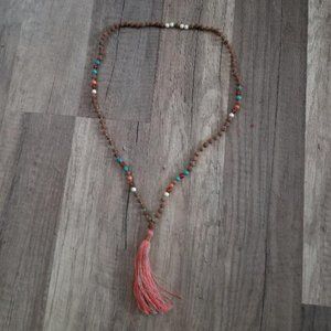 Brown  Beaded Necklace w/ Multi-color Tassel